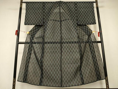 平和屋着物＊夏物 紗紬 市松文様 正絹 逸品 AABB8295jd