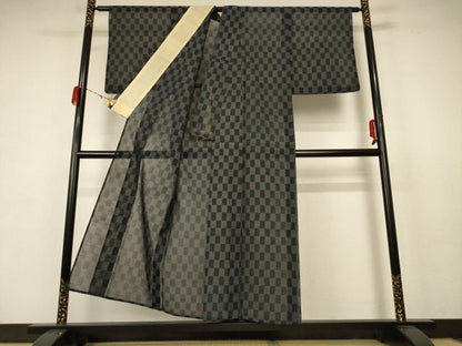 平和屋着物＊夏物 紗紬 市松文様 正絹 逸品 AABB8295jd