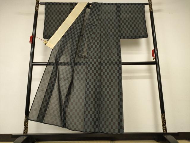 平和屋着物＊夏物 紗紬 市松文様 正絹 逸品 AABB8295jd