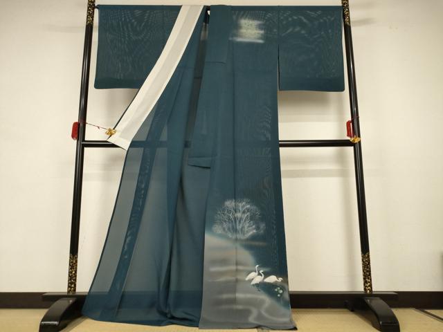 平和屋着物＊夏物 訪問着 絽 手描き 風景文 鷺 暈し染め 金彩 ロング丈 正絹 逸品 AABB8300jd