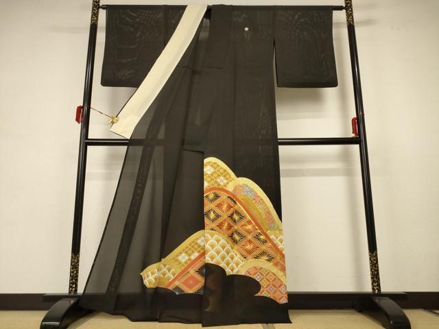 平和屋着物＊夏物 黒留袖 絽 駒刺繍 吉祥花菱文 金彩 正絹 逸品 AABB8319jd
