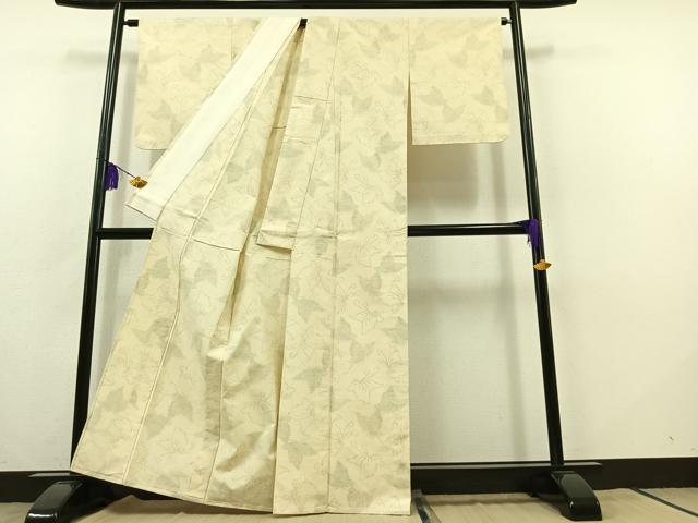 平和屋着物▽上質な紬　単衣　舞蝶文　正絹　逸品　AABB8361jh