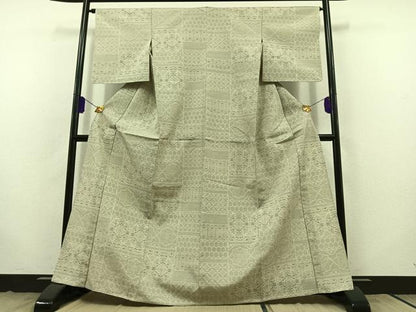 平和屋着物▽結城紬 単衣 80亀甲 横段花文 正絹 逸品 AABB8363jh