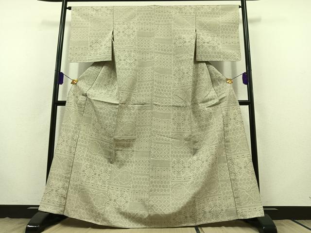 平和屋着物▽結城紬 単衣 80亀甲 横段花文 正絹 逸品 AABB8363jh