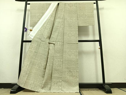 平和屋着物▽結城紬 単衣 80亀甲 横段花文 正絹 逸品 AABB8363jh