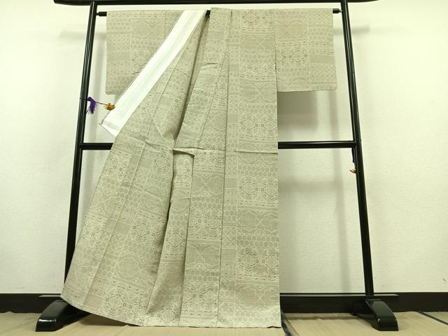 平和屋着物▽結城紬 単衣 80亀甲 横段花文 正絹 逸品 AABB8363jh