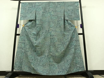 平和屋着物▽上質な紬 単衣 草花文 正絹 逸品 AABB8365jh