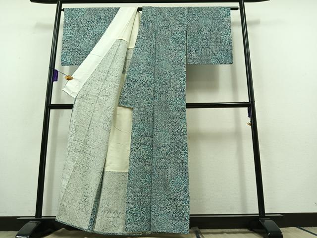 平和屋着物▽上質な紬 単衣 草花文 正絹 逸品 AABB8365jh
