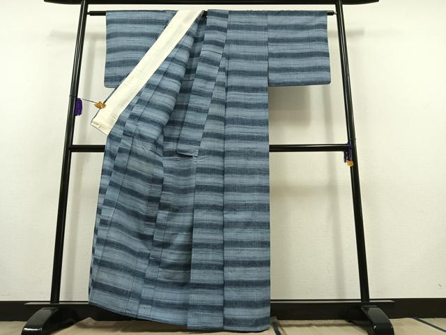 平和屋着物▽上質な紬 単衣 横段文 正絹 逸品 AABB8369jh