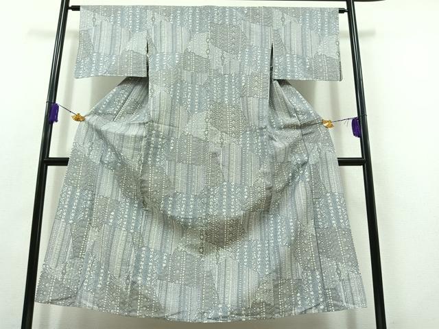 平和屋着物▽上質な紬 単衣 切嵌花文 正絹 逸品 AABB8370jh