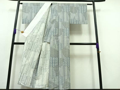 平和屋着物▽上質な紬 単衣 切嵌花文 正絹 逸品 AABB8370jh