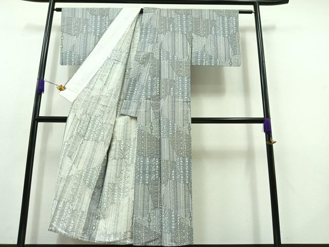 平和屋着物▽上質な紬 単衣 切嵌花文 正絹 逸品 AABB8370jh