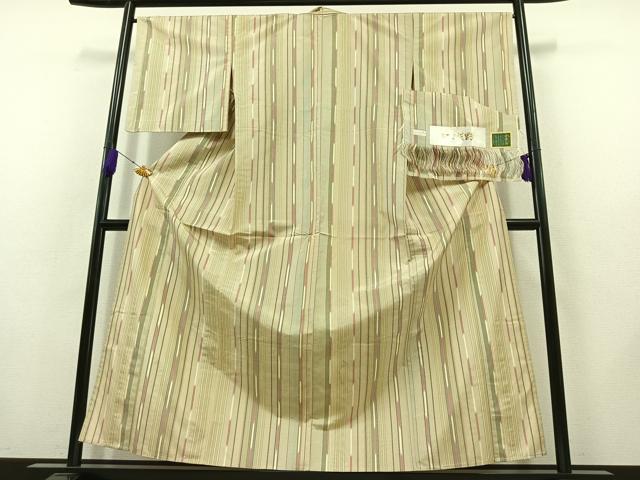 平和屋着物▽上質な紬 単衣 嵯峨野 縞 反端付き 正絹 逸品 AABB8373jh