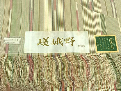平和屋着物▽上質な紬 単衣 嵯峨野 縞 反端付き 正絹 逸品 AABB8373jh