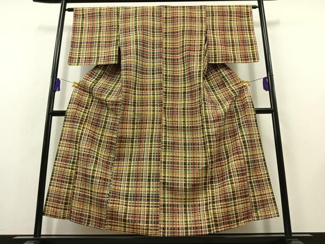 平和屋着物▽上質な紬 単衣 格子 正絹 逸品 AABB8374jh