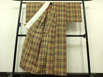平和屋着物▽上質な紬 単衣 格子 正絹 逸品 AABB8374jh
