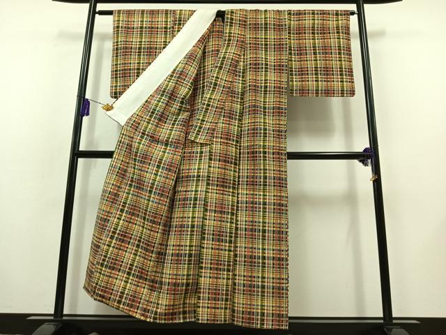 平和屋着物▽上質な紬 単衣 格子 正絹 逸品 AABB8374jh