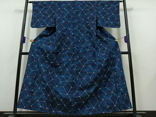 平和屋着物▽上質な紬 単衣 麻の葉文様 正絹 逸品 AABB8376jh