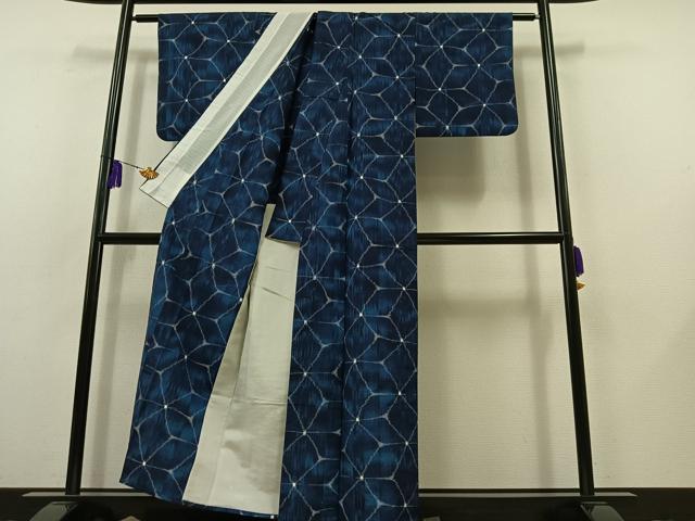 平和屋着物▽上質な紬 単衣 麻の葉文様 正絹 逸品 AABB8376jh