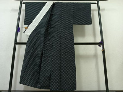 平和屋着物▽上質な紬　単衣　菱文　正絹　逸品　AABB8377jh