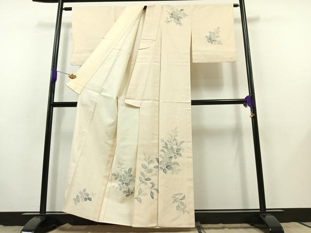 平和屋着物▽訪問着 単衣 紬地 手描き 枝花文 正絹 逸品 AABB8380jh