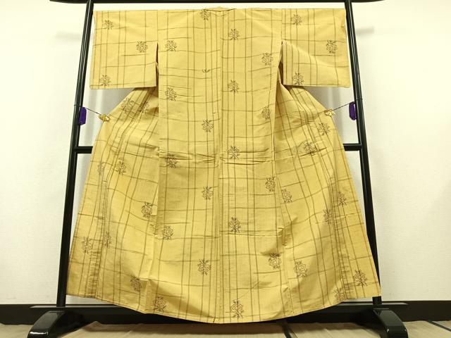 平和屋着物▽上質な紬 単衣 草花文 正絹 逸品 AABB8392jh