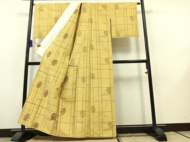 平和屋着物▽上質な紬 単衣 草花文 正絹 逸品 AABB8392jh