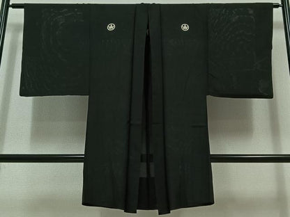 平和屋着物▽男性 黒紋付 羽織 スリーシーズン 春夏秋 塵除け 暗黒色 正絹 逸品 AABB8393jh