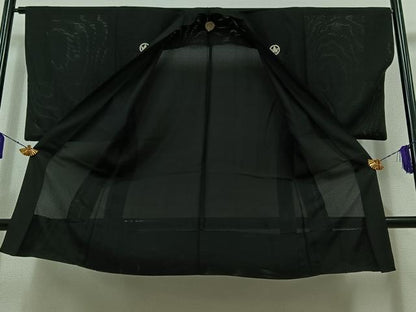 平和屋着物▽男性 黒紋付 羽織 スリーシーズン 春夏秋 塵除け 暗黒色 正絹 逸品 AABB8393jh