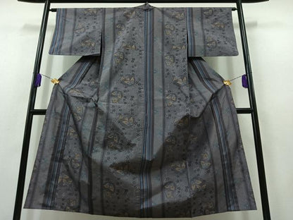 平和屋着物▽上質な紬 単衣 雪輪花蝶文 正絹 逸品 AABB8394jh