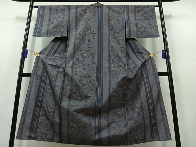 平和屋着物▽上質な紬 単衣 雪輪花蝶文 正絹 逸品 AABB8394jh