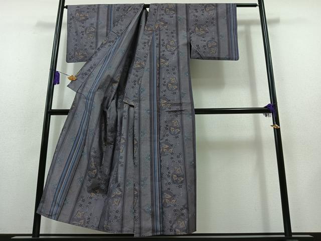 平和屋着物▽上質な紬 単衣 雪輪花蝶文 正絹 逸品 AABB8394jh