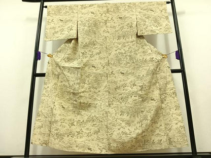 平和屋着物▽上質な紬　単衣　風景文　正絹　逸品　AABB8398jh