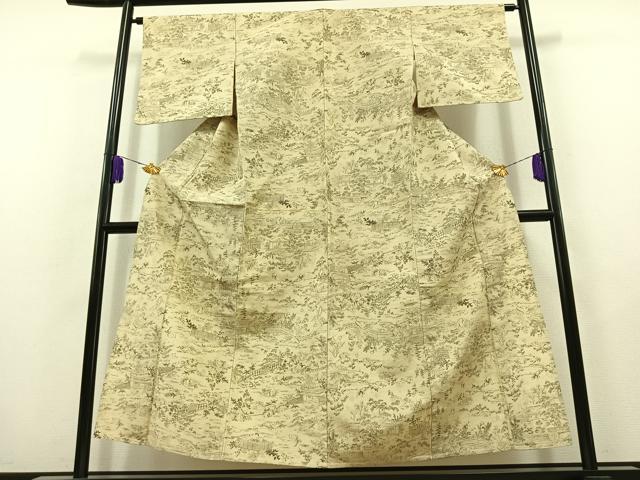 平和屋着物▽上質な紬　単衣　風景文　正絹　逸品　AABB8398jh