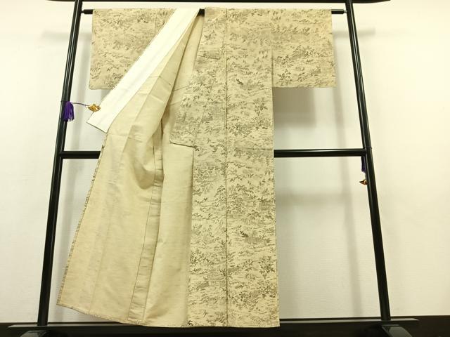 平和屋着物▽上質な紬　単衣　風景文　正絹　逸品　AABB8398jh