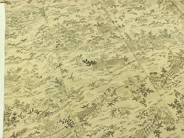 平和屋着物▽上質な紬　単衣　風景文　正絹　逸品　AABB8398jh