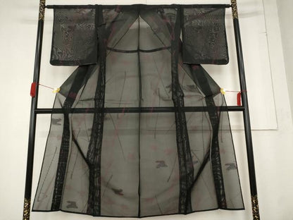 平和屋着物＊夏物 小紋 紗 草花文 黒地 正絹 逸品 未使用 AABB8612st