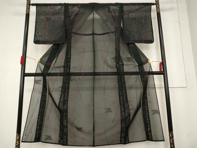平和屋着物＊夏物 小紋 紗 草花文 黒地 正絹 逸品 未使用 AABB8612st