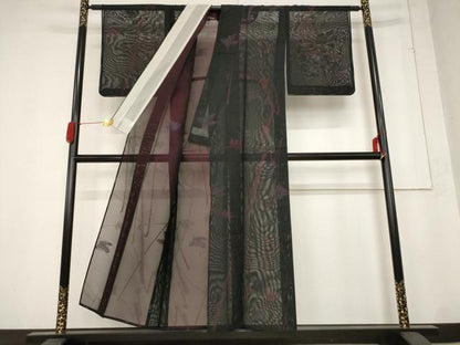 平和屋着物＊夏物 小紋 紗 草花文 黒地 正絹 逸品 未使用 AABB8612st