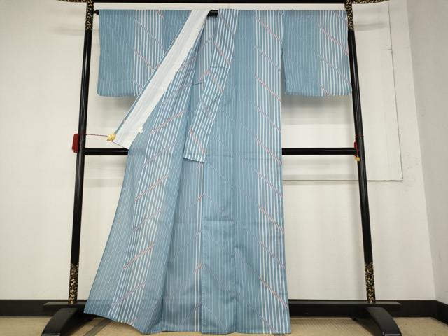 平和屋着物＊夏物 小紋 絽 幾何学文様 洗える着物 AABB8632st