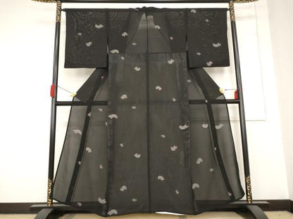 平和屋着物＊夏物 小紋 絽 地紙花文 黒地 正絹 逸品 AABB8651st