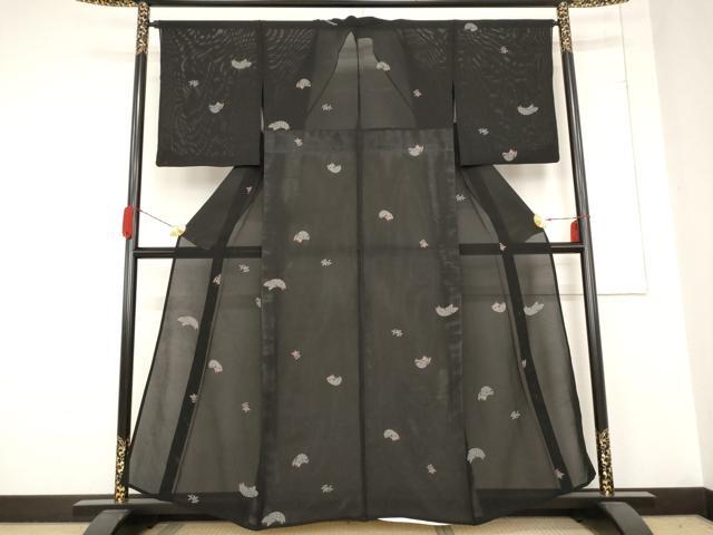 平和屋着物＊夏物 小紋 絽 地紙花文 黒地 正絹 逸品 AABB8651st
