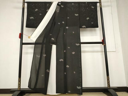 平和屋着物＊夏物 小紋 絽 地紙花文 黒地 正絹 逸品 AABB8651st