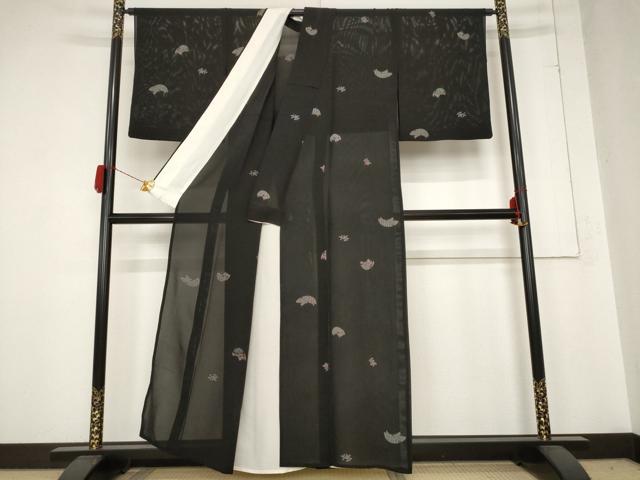平和屋着物＊夏物 小紋 絽 地紙花文 黒地 正絹 逸品 AABB8651st