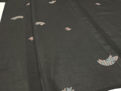平和屋着物＊夏物 小紋 絽 地紙花文 黒地 正絹 逸品 AABB8651st