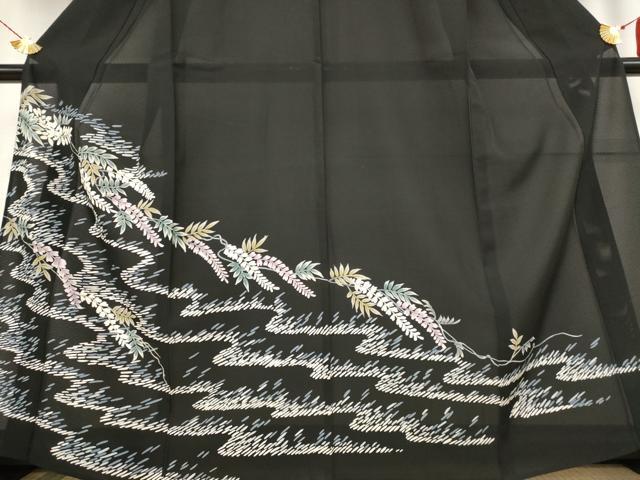 平和屋着物＊夏物 黒留袖 絽 流水枝花文 正絹 逸品 AABB8652st