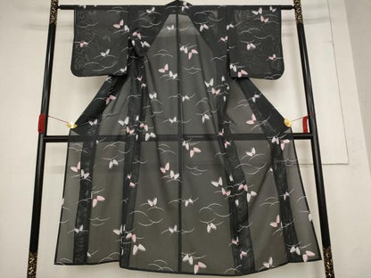 平和屋着物＊夏物 小紋 絽 舞蝶文 黒地 洗える着物 AABB8659st