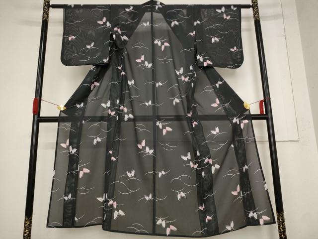 平和屋着物＊夏物 小紋 絽 舞蝶文 黒地 洗える着物 AABB8659st