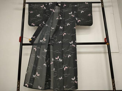 平和屋着物＊夏物 小紋 絽 舞蝶文 黒地 洗える着物 AABB8659st