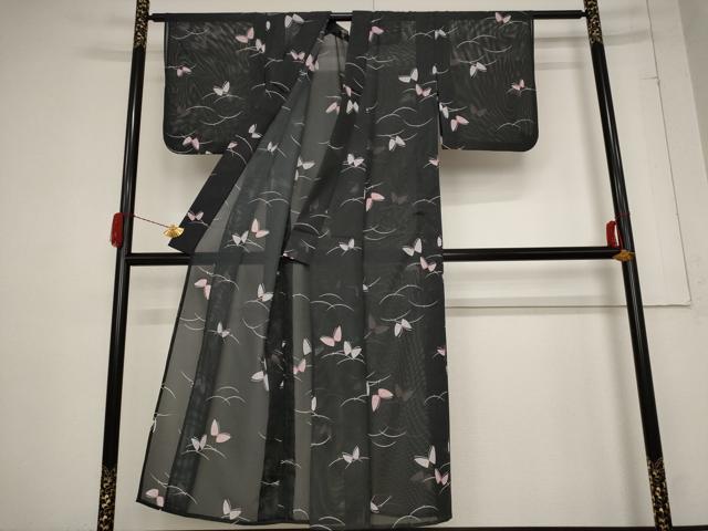 平和屋着物＊夏物 小紋 絽 舞蝶文 黒地 洗える着物 AABB8659st